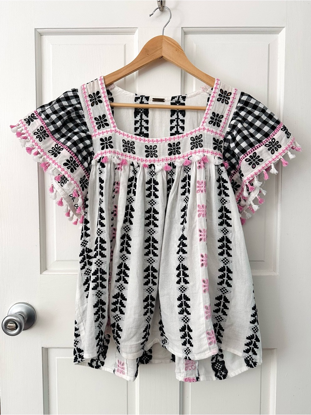 DODO BAR OR Teresa Embroidered Square-Neck Top Gingham Tassels Pink Black Size S